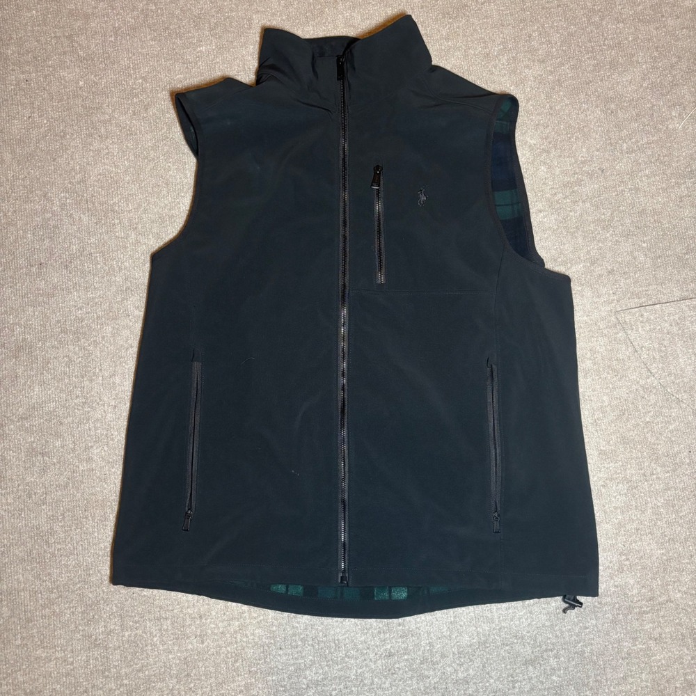 Polo Ralph Lauren Performance Mens XL Black Softshell Vest Plaid Fleece Lined